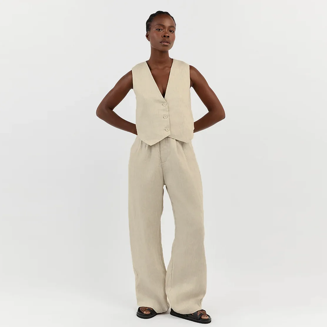 Casual Women 2 Piece-Set Straight Legg And Sleeveless Top Vestidos Sets Slim V-Neck Summer Pocket Fashion Trousers Sets
