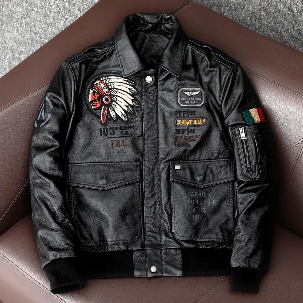 

New Indian Embroidery Flying Suit Natural Genuine Coat Men's Cowhide Leather Motorcycle Jackets Slim Fashion Clothing