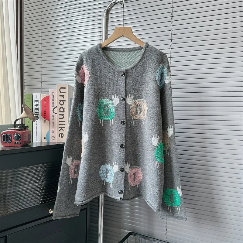 

Cute Cartoon Sheep Jacquard Cardigans For Women Grey Color Loose Coat Knitted Sweater Loose Jumper Tops y2k