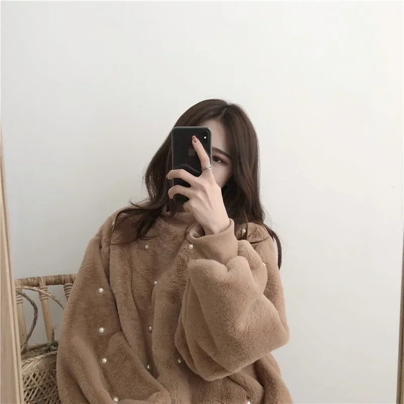 Thick Furry Pullover Women Autumn Winter Soft Warm Mohair Loose Sweet Retro Pearl Mink Tops New Tops White Coffee Khaki New 2021