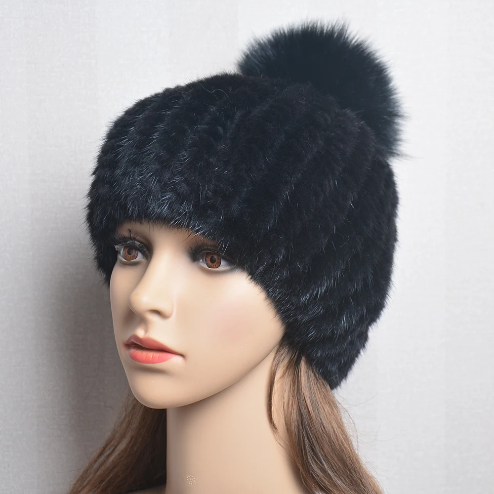 Winter Women Natural Mink Fur Hat Hand Knitted Warm 100% Genuine Mink Fur Cap Russia Lady Real Mink Fur And Fox Fur Pompoms Hats 3