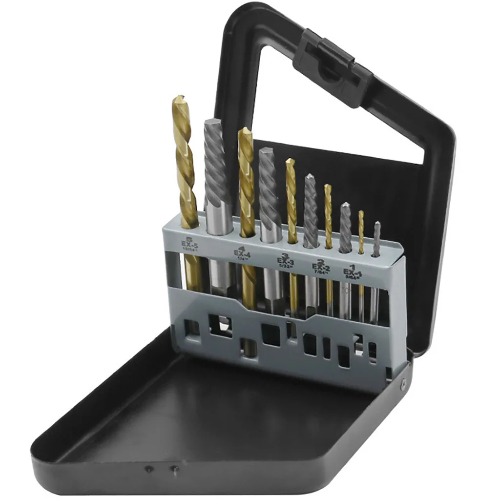 

Broken Head Screw Disassembly Extractor Iron Boxed High Speed Steel Full Grinding 10Pc Left-Hand Drill Extractor Set