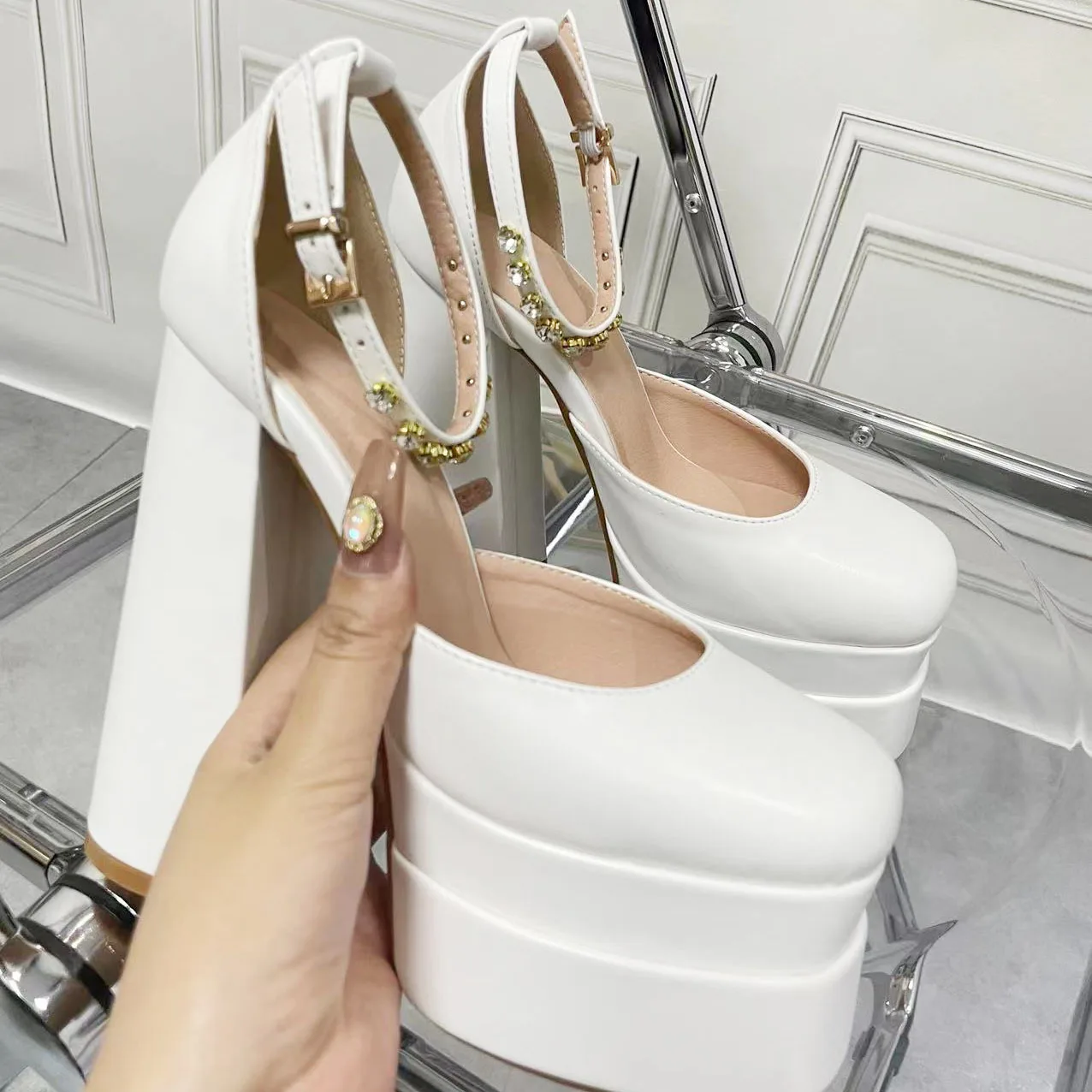 Zapatos de tacón alto y grueso con plataforma para mujer, sandalias de Stripper para fiesta, calzado Sexy para Club nocturno, 2024