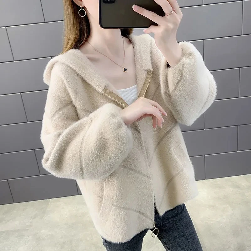 

New Autumn Winter Imitation Mink Velvet Woolen Coat Women Loose Cardigan Coat Outwear Female Long Sleeve Zipper Sweater Jacket