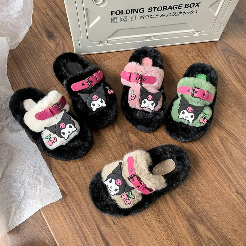 

Sanrio Kuromi Cute Furry Slippers Female Winter Cute Outside Wear Thick Bottom Home Leisure Open-toe Hitchhiking Cotton Slippers