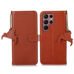 Elegant Genuine Leather Litchi Flip Wallet Case - Premium Business Cover - Galaxy S23 FE (Brown)
