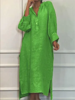 Fashion Cotton Linen Long-sleeved Loose Women's Dresses New Autumn Collection Casual Simple Pocket Elegant Female Slit Dress2025 1