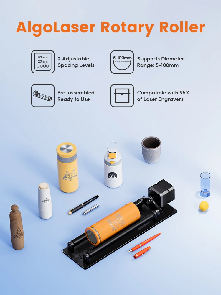 Rodillo Rotatorio AlgoLaser 360 ° Eje giratorio de grabado para vasos cilíndricos regulares, botellas y objetos, compatible con todas las máquinas de grabado láser.