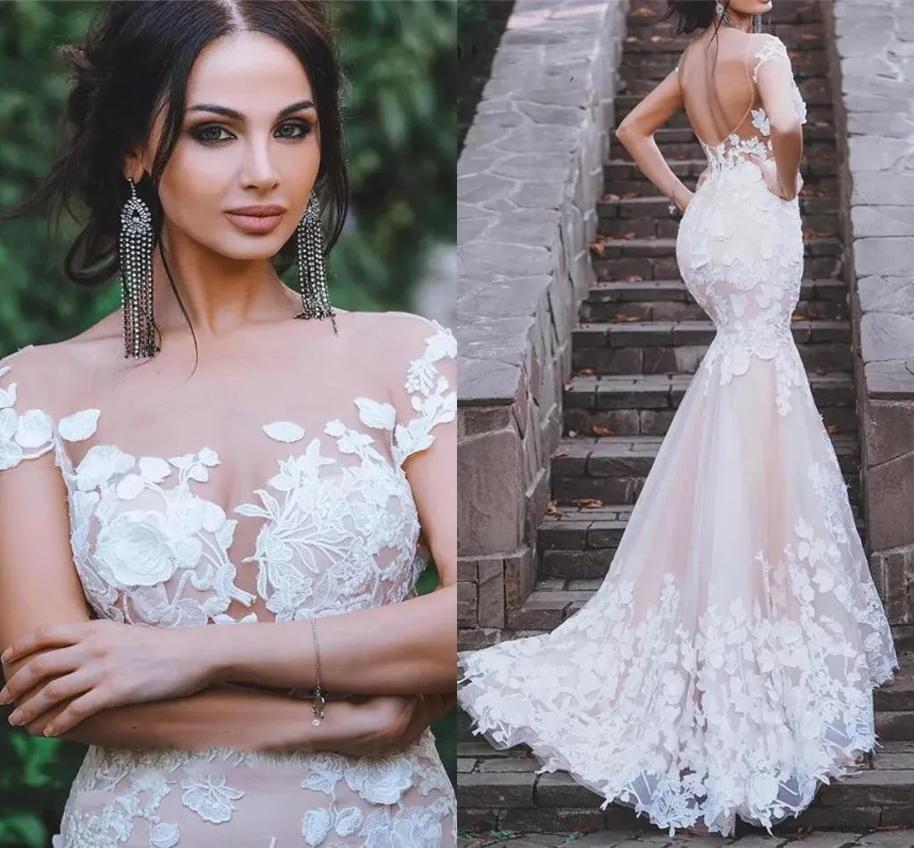 

2024 Sheer Short Sleeves Slim Mermaid Wedding Dresses Lace Appliques Sexy Bridal Gowns Backless Custom Vestidos De Novia