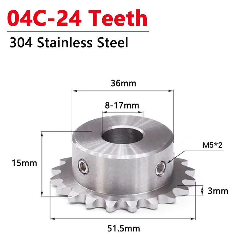 Industrial Drive Roda Dentada Corrente 24 Dentes 304 de 24 t Furo mm 10 mm 12 mm 14 mm 15 mm 16 mm 17 mm 1pc Aço Inoxidável