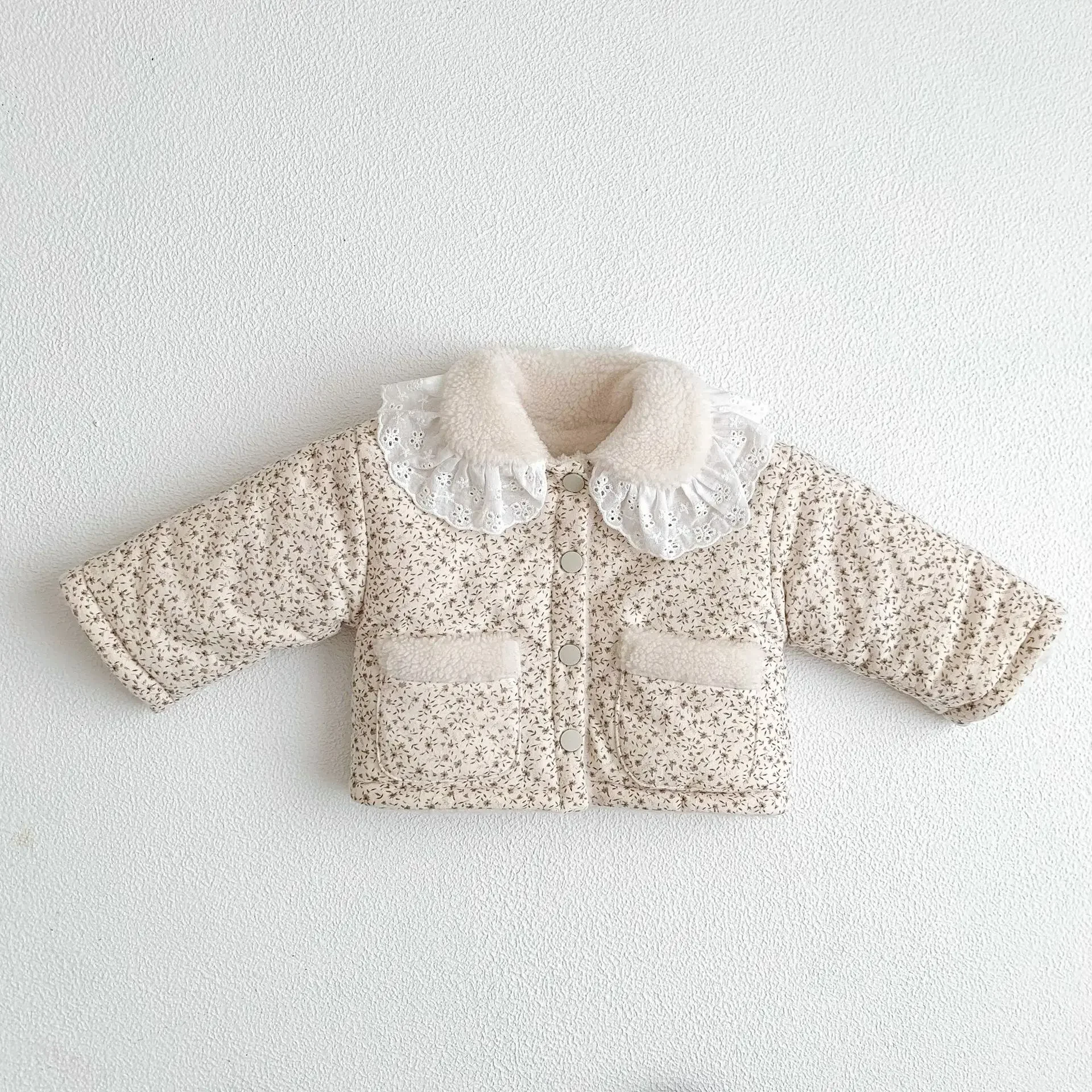 INS Baby Girl Cotton Coat, Korean Floral Doll Collar Fleece-Lined Thick Jacket, Toddler Winter Padded Outerwear