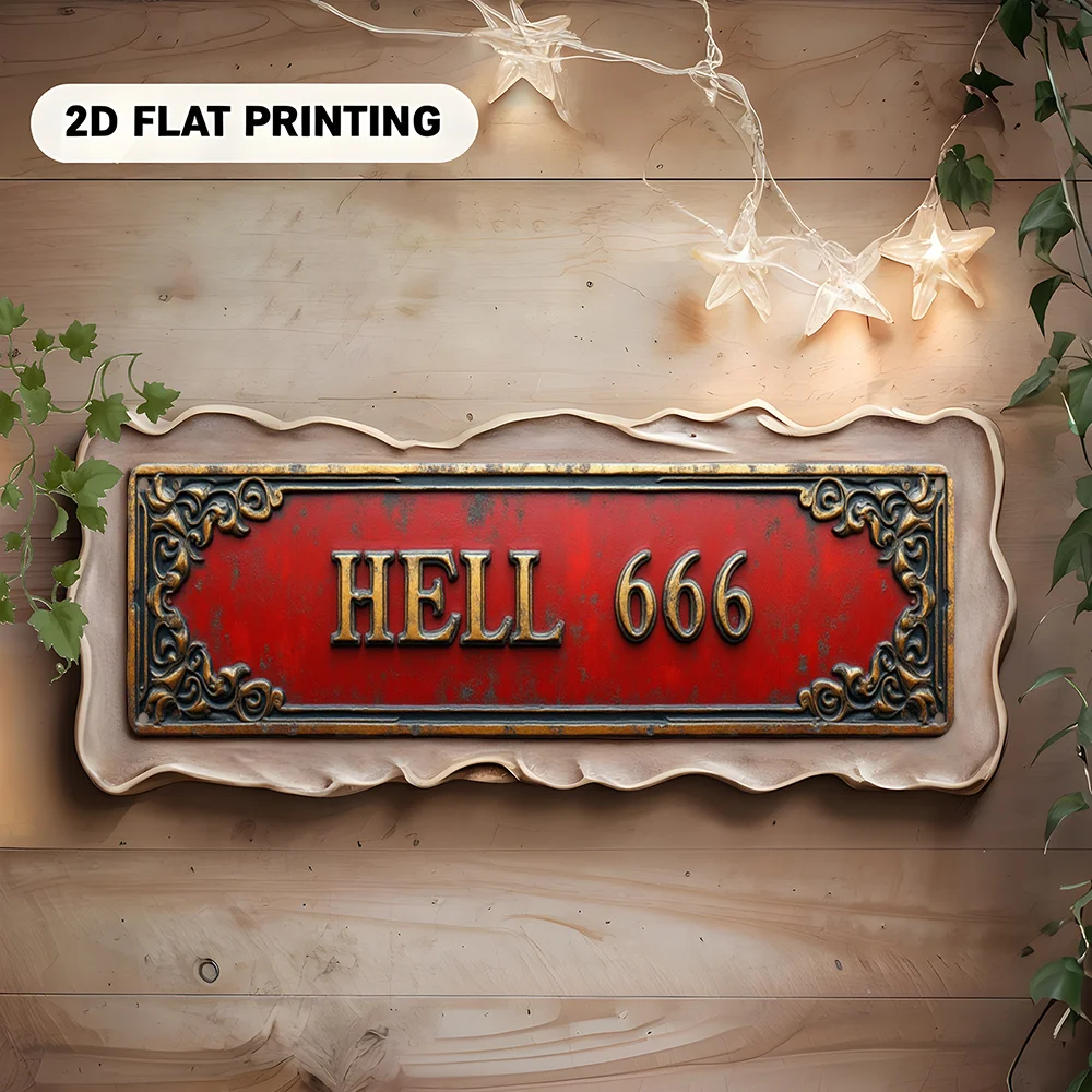 맞춤형 2D 프린트 알루미늄 사인 HELL 666 레드 골드 플로럴 테두리 빈티지 장식 (바, 차고, 집, 야외, 선물용)