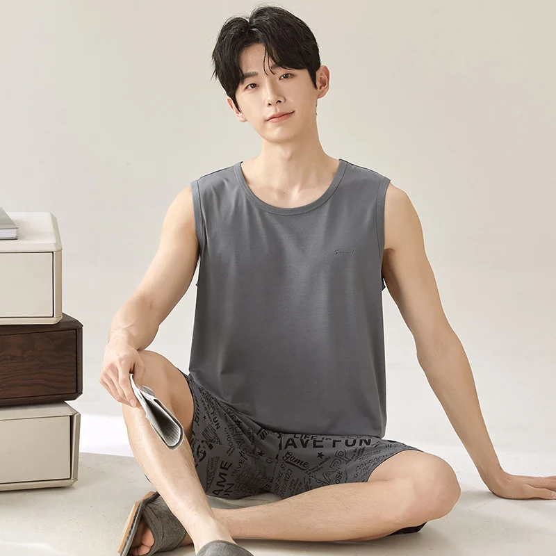 2025 신상 남성 모달 나이트웨어 여름 얇고 부드러운 홈웨어 청년 남성 민소매 수면 상의 & 하의 파자마 세트 남성 잠옷