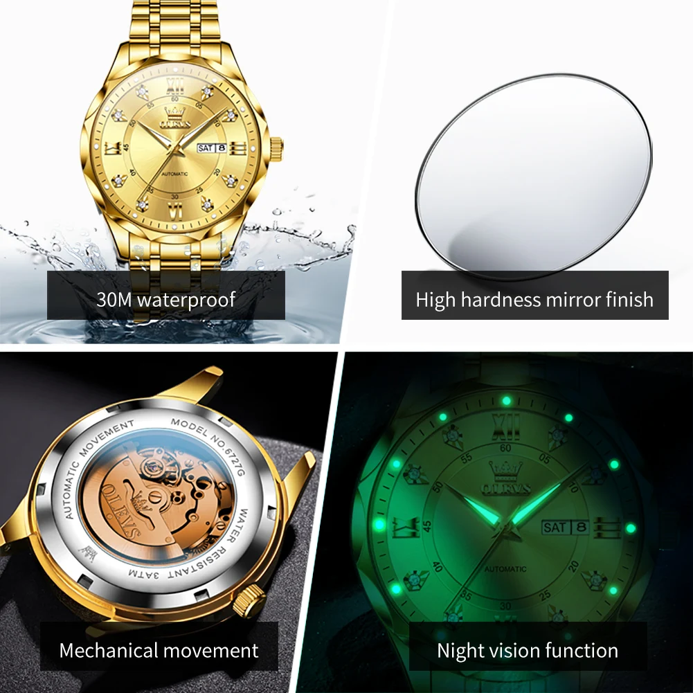 OLEVS 6727 Men's Watch Dual Calendar Automatic Mechanical Watch For Men High Hardness Mirror Waterproof Fashion Man Wristwatch
