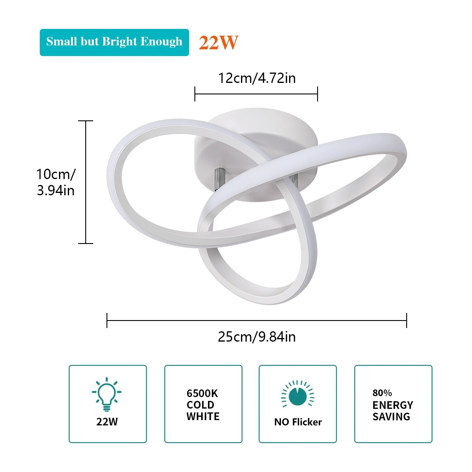 LED Ceiling Light Fixture, Spiral Modern Semi Flush Mount Ceiling Lights, 22W White light 6500K Hallway Light Fixtures for Kitch