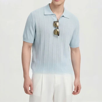 Polo da Uomo in Misto Lino Lavorato a Maglia a Maniche Corte, T-shirt Casual con Colletto Estivo