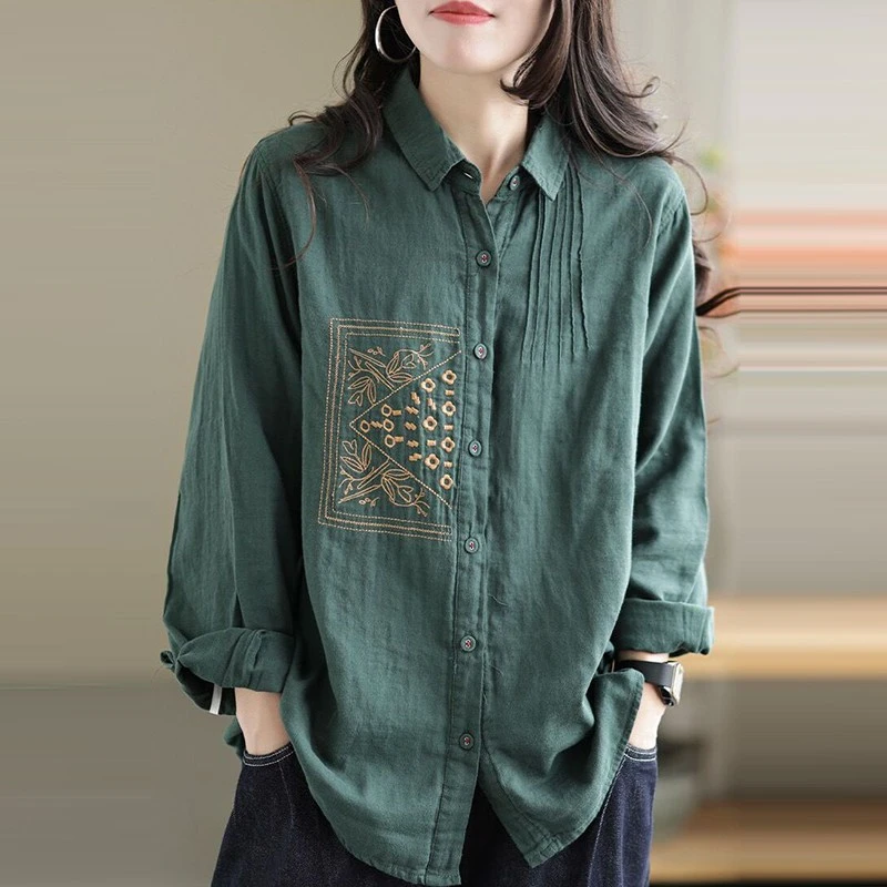 2022 Spring Autumn New Arts Style Women Long Sleeve Loose Shirt Vintage