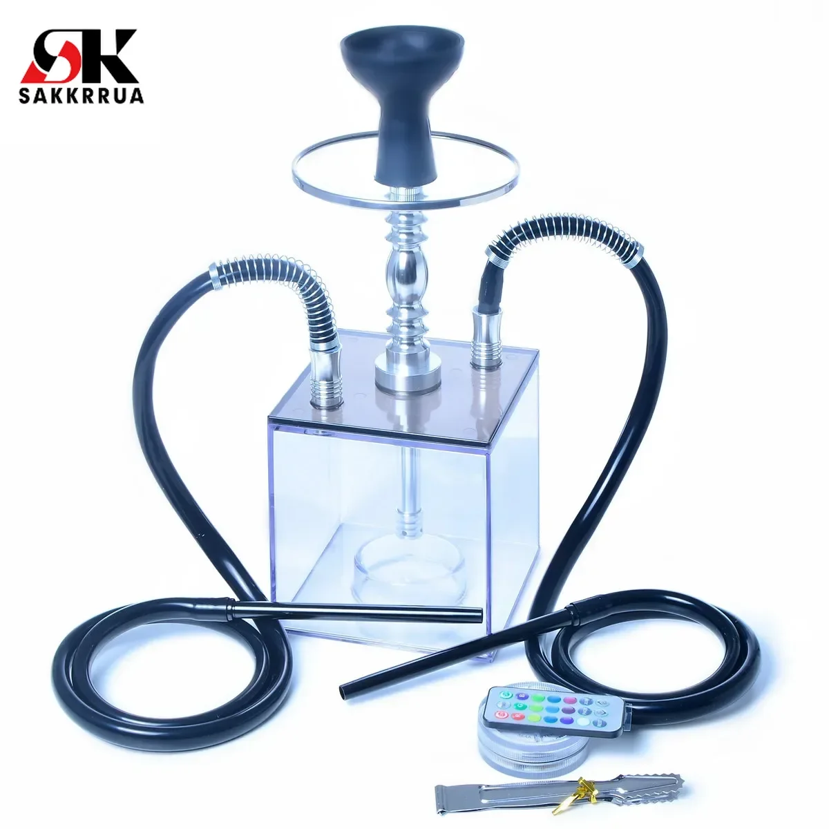Cube Acrylic Hookah Set with 2 Hose LED Light Silicone Bowl Hookahs Narguile Sheesha Chicha Nargile Cachimbas Shisha Box Kit
