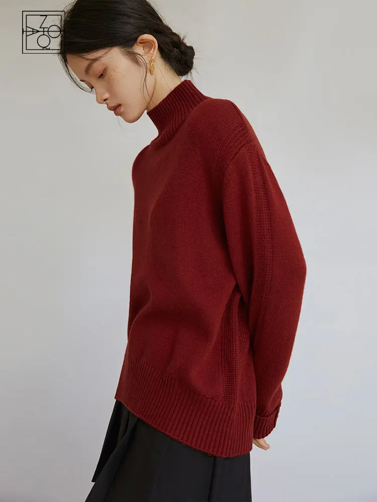 

ZIQIAO High Collar Vintage Red Sweater Women's Autumn Winter 2022 New Slouchy Soft Waxy Outwear Knitted Full Sleeve Women Tops