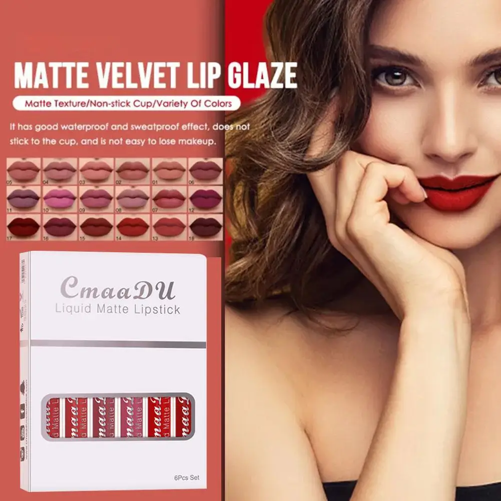 

6Colors/Set Fashion Matte Lip Gloss Sets Natural Moisturize Waterproof Lipstick Velvet Beauty Red Sexy Liquid Cosmetics Las R4A7