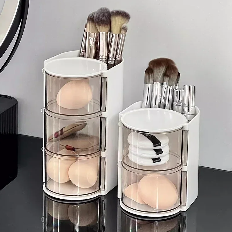 Rotating Cosmetic Storage Box Makeup Powder Puff Shelf Holder Dustproof Desktop Remover Cotton Brush Storage Rack Organizer 4