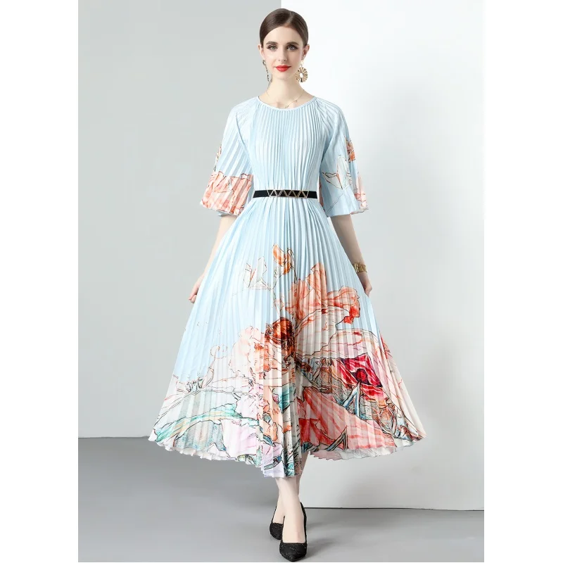 

2023 New Fashion Pleated Dress Women's Summer Elegant Round Neck 5/4 Sleeve Loose Fit Leisure Vacation Party Vestidos