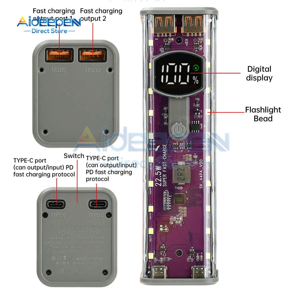 22.5W Trasparente Viola Power Bank 8 Slot 18650 Custodia per batteria Supporto PPS/PD/QC/AFC/FCP Carica rapida Senza saldatura per Smart Phone - Image 2