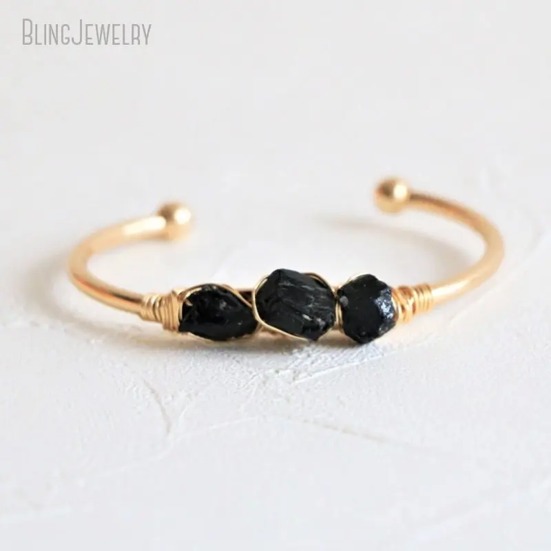 10pcs Gold Color Stainless Steel Cuff Raw Black Tourmaline Bangle Bracelet Women Triple Jet Stone Luxury Jewelry
