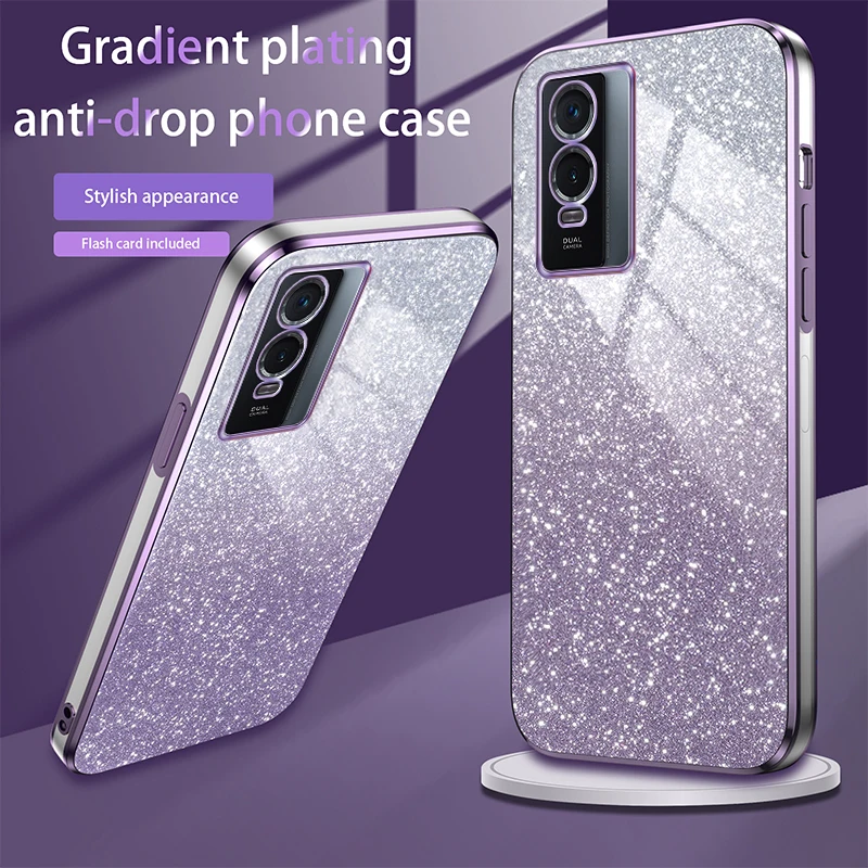 Cover Per VIVO Y76 5G: Custodia In Vetro Temperato 9H Con Effetto Sfumato, Bordo TPU Morbido, Protezione Antiurto E Antigraffio