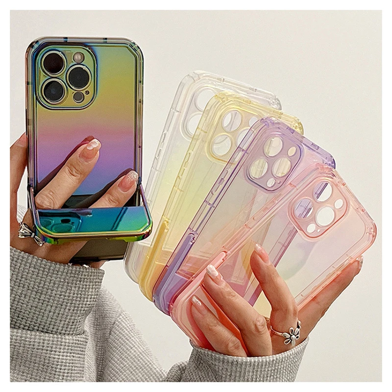 Build-in stand holder case for iphone 11 Pro Max Aurora clear laser case for iphone 13 12 11 x xs xr phone holder silicon cover best iphone 13 mini case