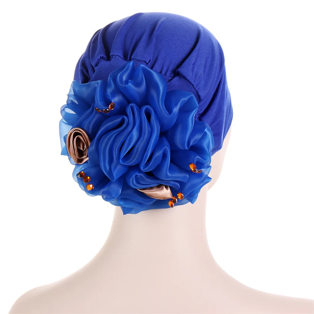 

Rhinestone Satin Flower Turban Bonnet for Women Muslim Headwear Bandana Caps Islamic Headscarf Hair Bands Hat Indian Headwrap