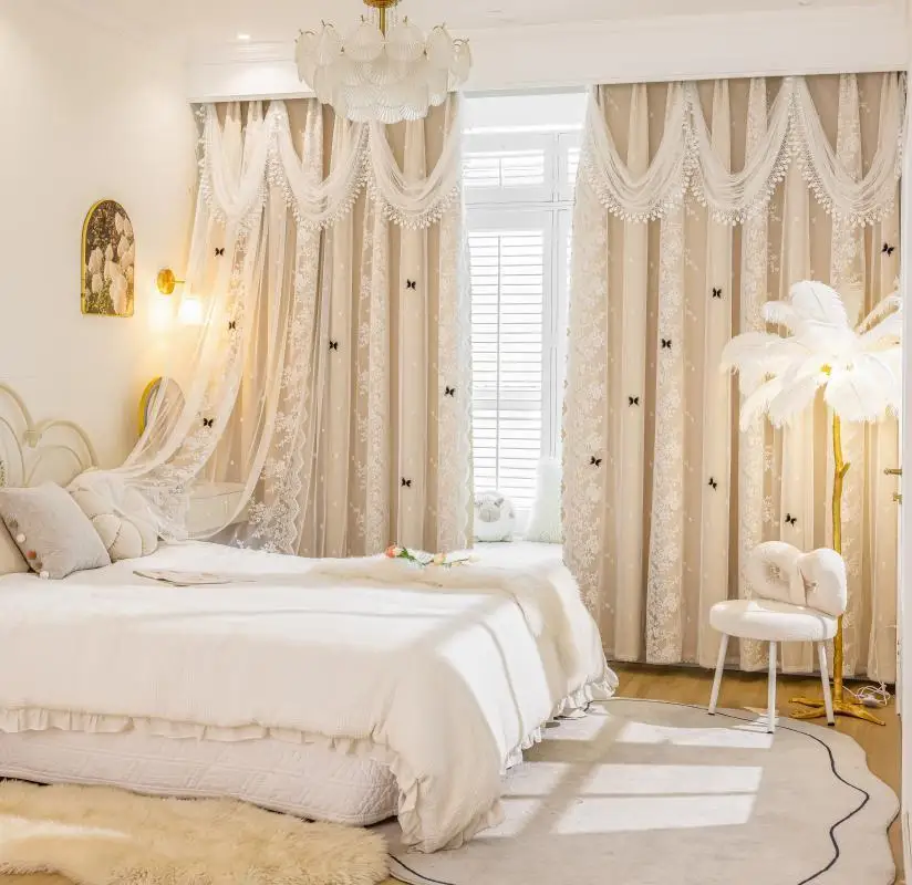 High-end-Stoff Garn Doppel-schicht Volle Schattierung Vorhang Prinzessin Mädchen Schlafzimmer Wohnzimmer Spitze Erker Fenster Balkon tür Vorhänge – Detail 11