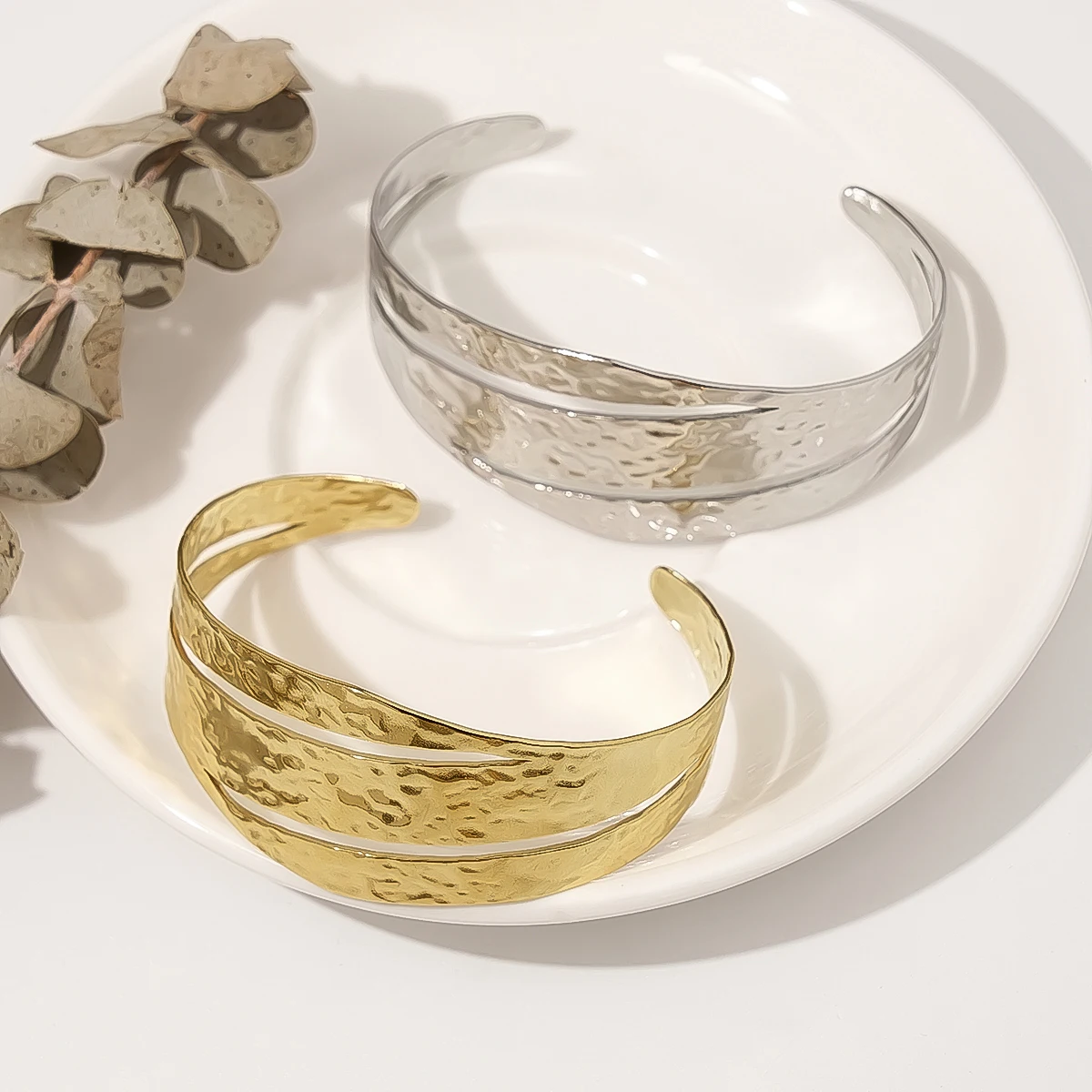 WILD & FREE 18K Gold Plated Stainless Steel Cuff Bracelets for Women Irregular Metal Texture Trendy Bangle Jewelry