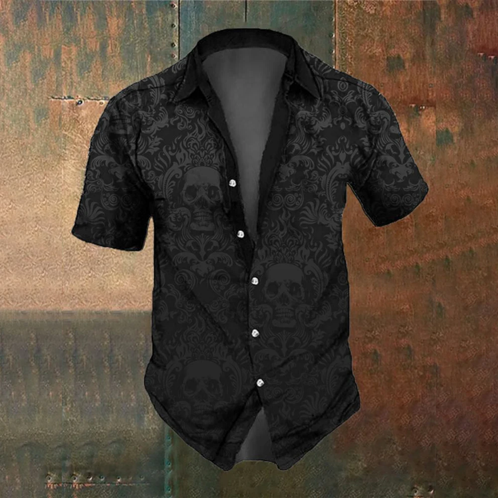 Summer Fashion Men's Party Wear Retro Horror Skull Print Men's Short Sleeve Shirt Street Casual Trendy Oversized Tops SIZE S-5XL 4