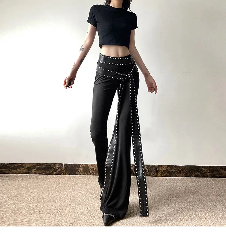 Flared Pants High Quality Rivets Black Fashion Personalized High Street All-Match Cool Women ChainTrousers 2024 Summer New