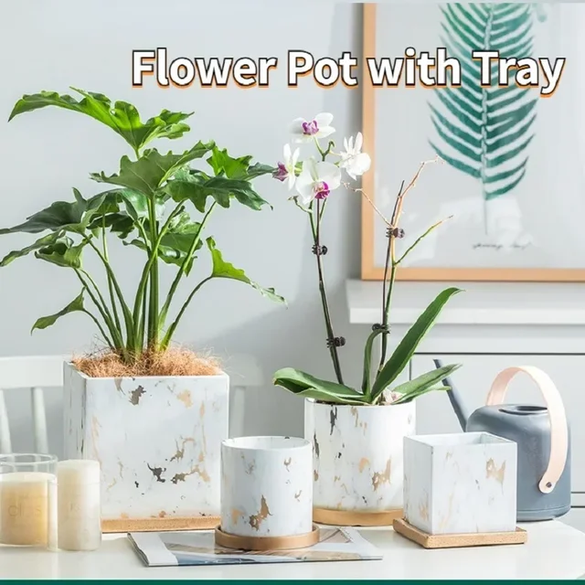 11/14/17cm Nordic Ceramic Flower Pots Small Succulent Green Plants Flowerpot with Tray Home Desktop Decoration Garden Supplies 2