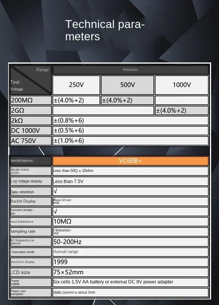 VC60B + 디지털 절연 저항 테스터, LCD 1000V 절연, 0-2000M 옴 고전압 단락 입력 알람