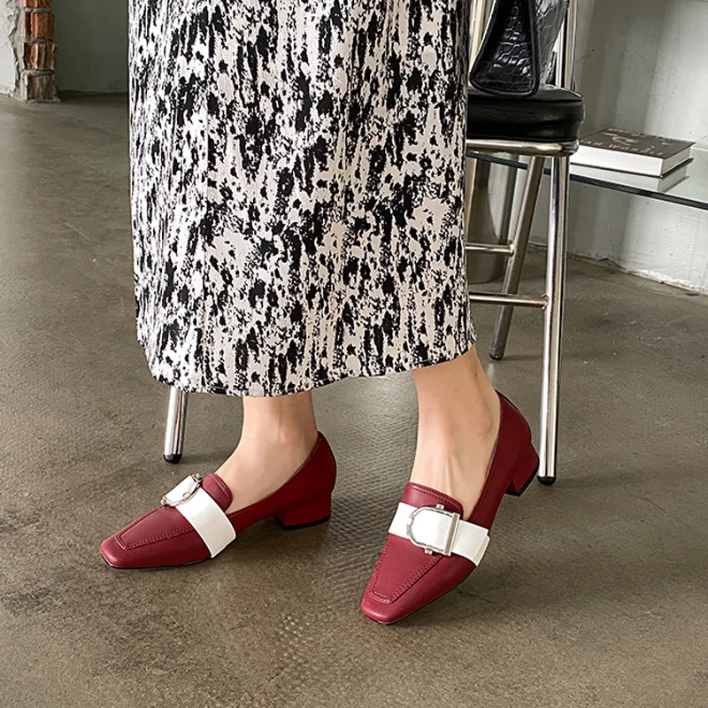 

QZYERAI Spring New Shoes Women Natural Genuine Leather High Heel Pumps Fashion Square Toe Footwear Thick Heels Dress Shoes