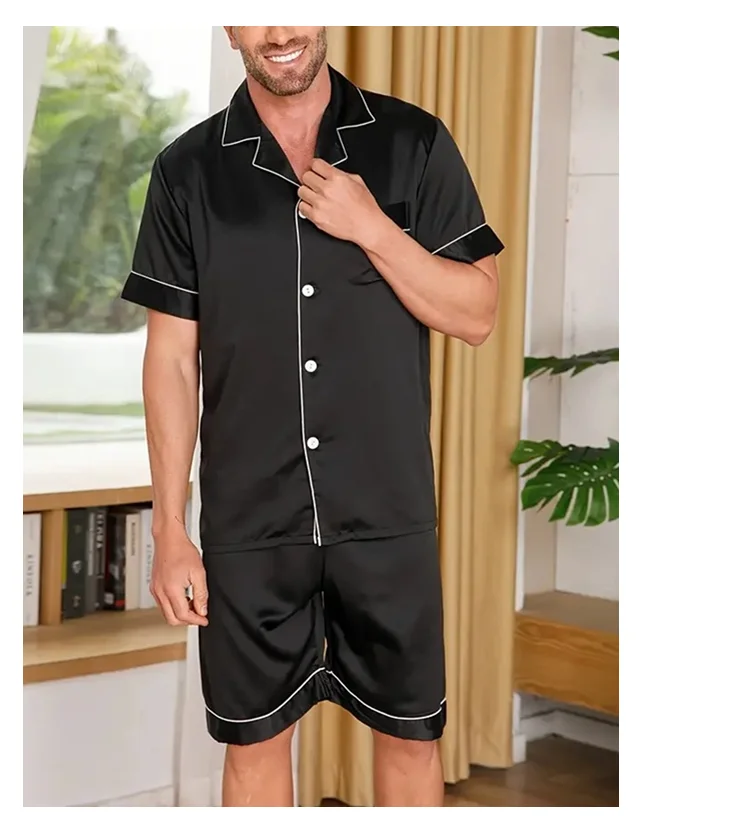 Zweiteiliges Herren-Pyjama-Set aus Satin, lässig, bequem, Pyjama, Knopftasche, kurzärmliges Hemd mit Shorts, Pyjama-Nachtwäsche für Herren – Detail 10