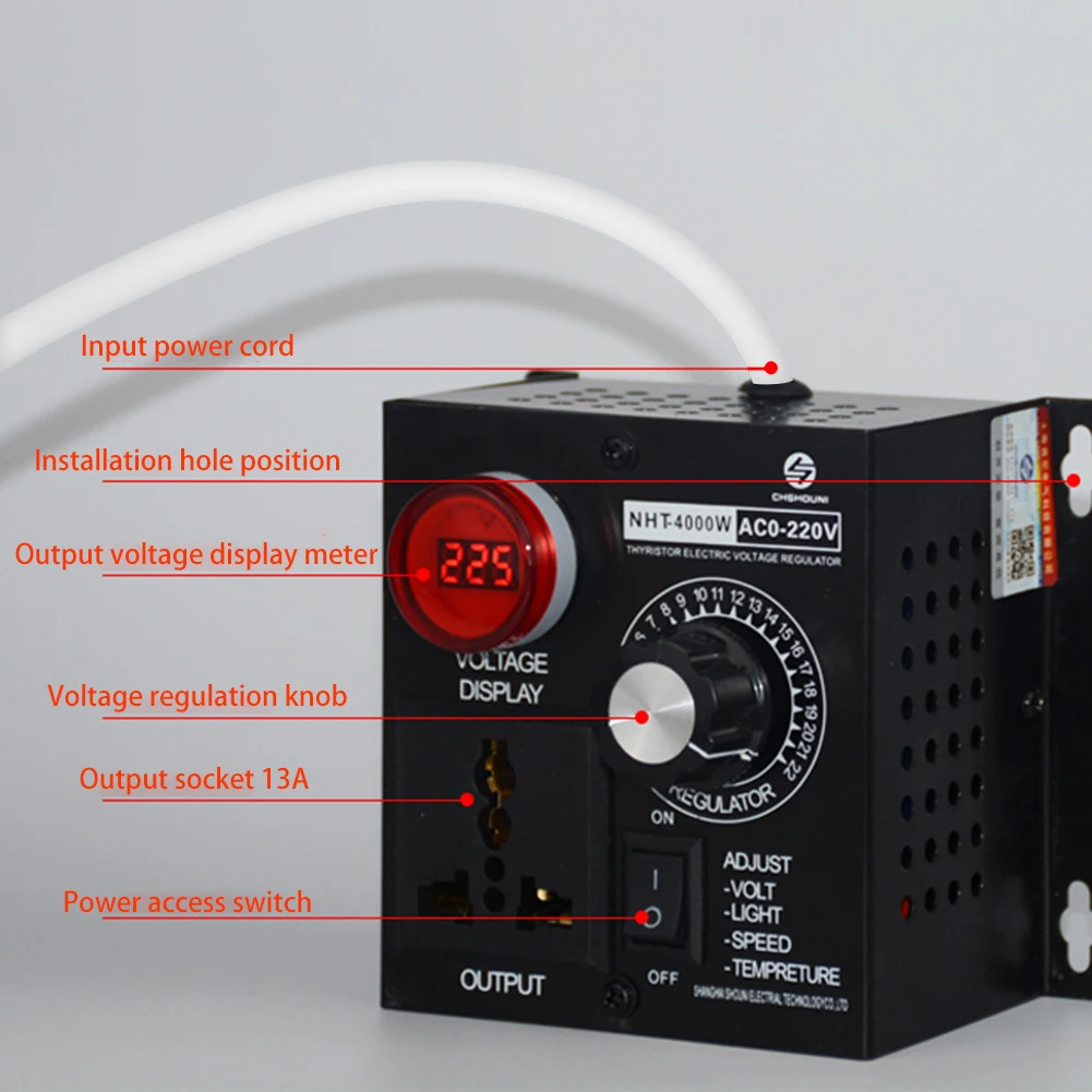 조정 가능한 조광기 SCR 전압 조정기 AC 220V 4000W 소형 모터 온수기용 소형 가변 전압 컨트롤러