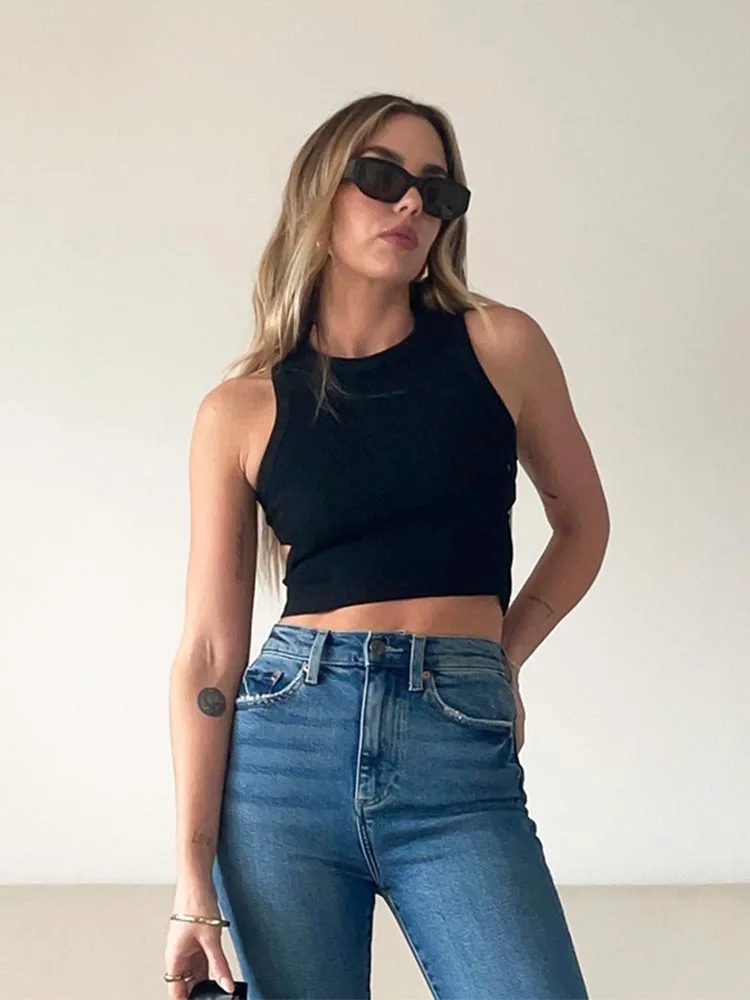 2025 Summer Solid Color Sleeveless T Shirt Women's Side Hole Knitted Tops Knitted Tops Basic Wear Streetwear