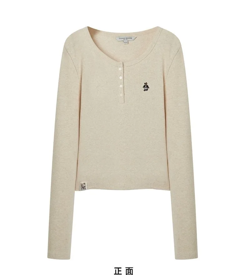 

Весенняя модная трендовая футболка для подростков с длинными рукавами и вышивкой медведя, Винтажная футболка, топы, женская одежда бежевого цвета