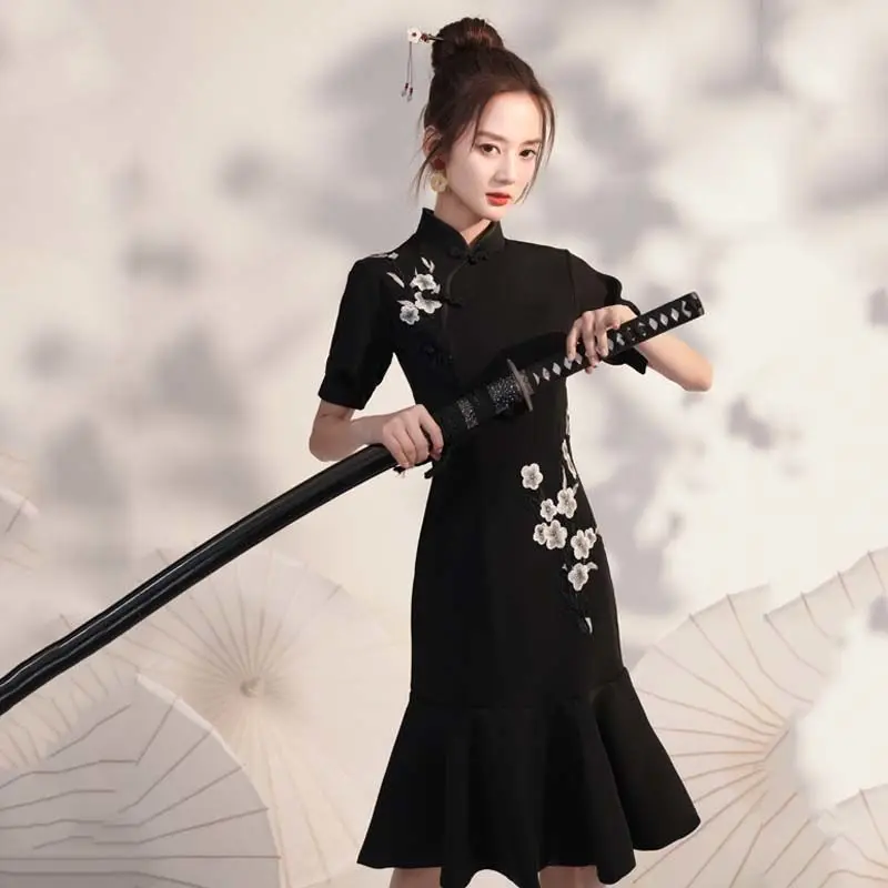 

Fish Tail Cheongsam Young Girl 2023 New Black Short Modified Version Dress Qipao Chi-pao Summer Daily Women's Clothing