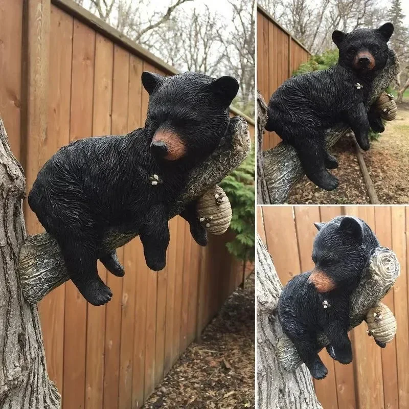 

Cute Bear Holding Tree Decoration Garden Door Frame Black Bear Cub Resin Craft Animal Home Decoration Accessories