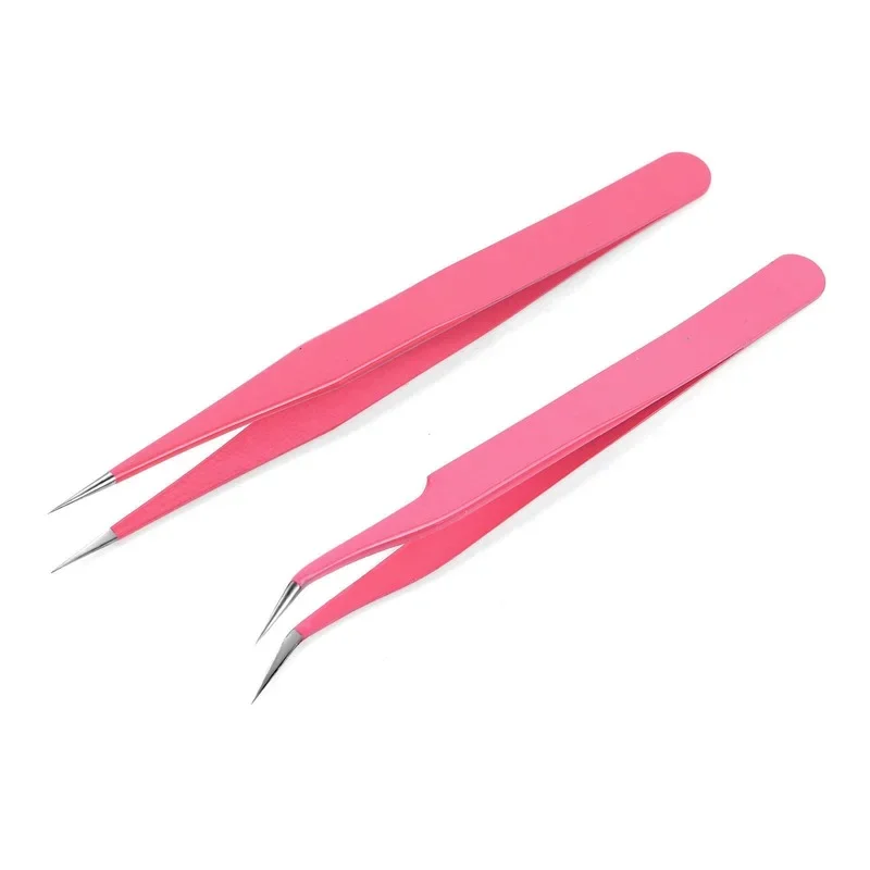 

2pcs Pink Stainless Steel Tweezers Straight Curved Pick Up Tools Eyelash Extension Pointed Nipper Clip Manicure Nail Art Tool