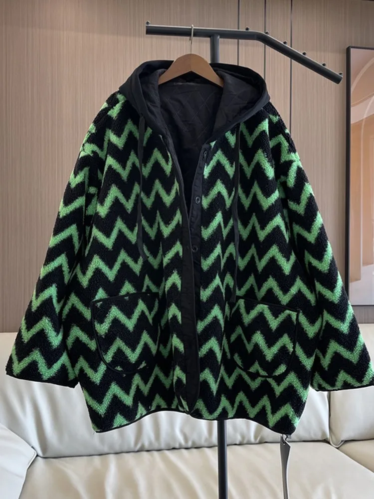 

Fashion Loose Hooded Fur Lamb Wool Thickened Quilted Jacket Women Long Sleeves Streetwear Wide-waisted Contrasting Colors Coat