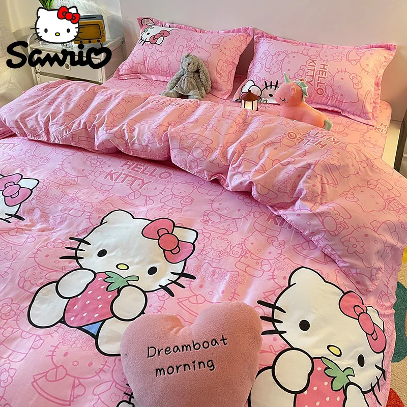

Комплект постельного белья с пододеяльником Hello Kitty Sanrio, милые Мультяшные простыни, подушки, простыня для женщин, девушек, взрослых, детей, подарок