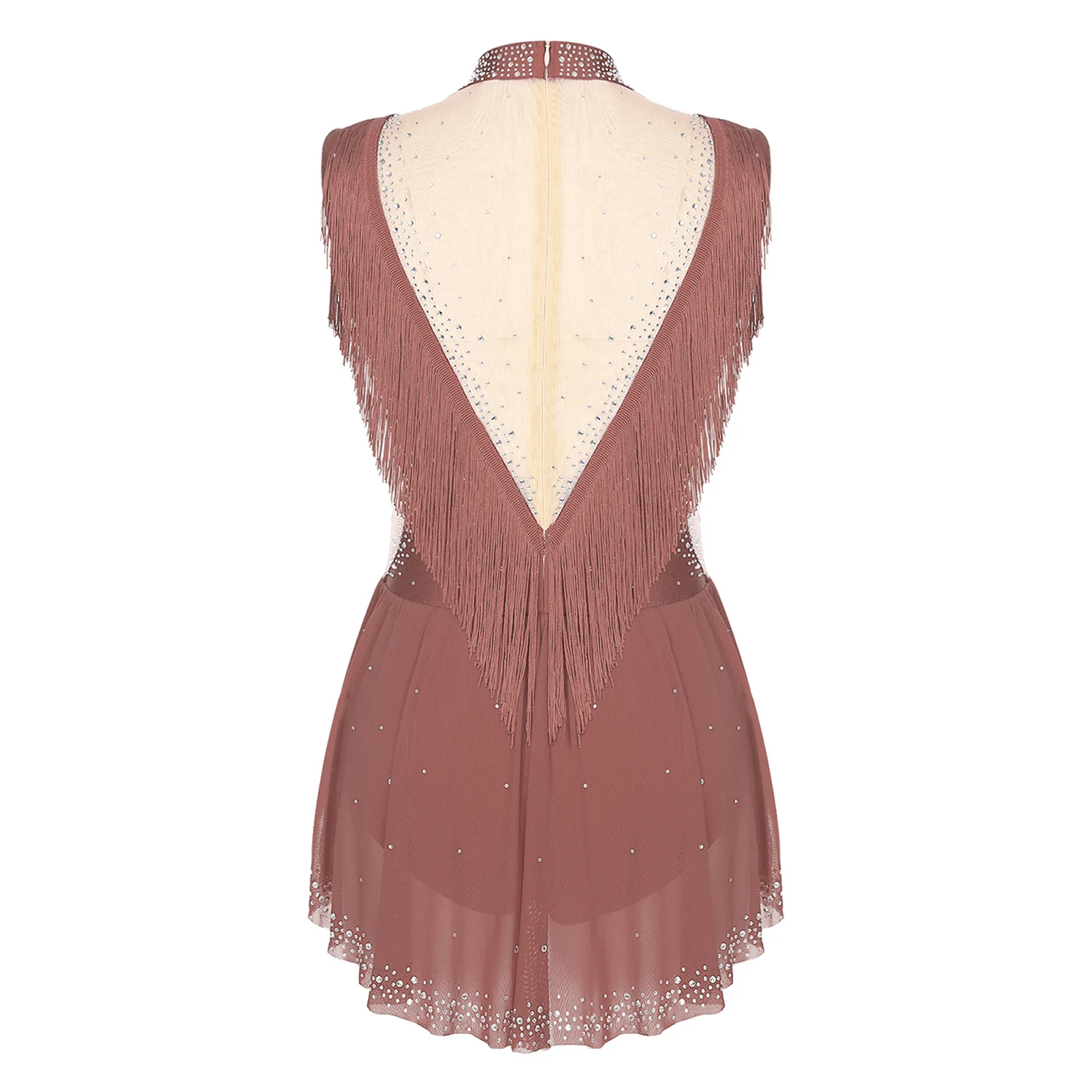 6–16 Jahre Mädchen-Eiskunstlauf-Trikotkleid, ärmellos, Strasssteine, Netz-Quasten-Body für lyrischen lateinamerikanischen Tanz, Ballett, Gymnastik – Detail 17