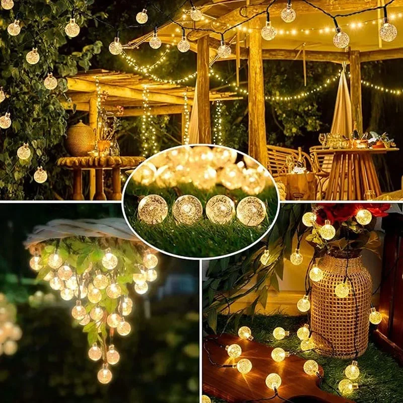 LED Solar Crystal Ball Fairy String Lights Outdoor Waterproof 8 Lighting Modes for Garden Yard Party Christmas Wedding Decor