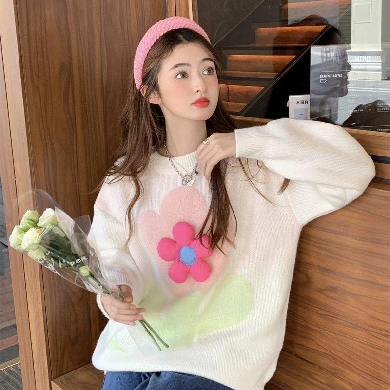 

EBAIHUI Sweet 3D Flower Decoration Women Sweater Lazy Style Loose Ladies Knitwear Autumn Winter O Neck Cute Long Sleeve Pullover